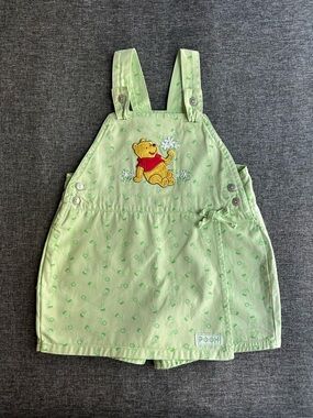 Winnie The Pooh Shortalls Skirt Overalls Green Floral Embroidered Vintage 90s 4T